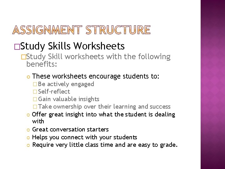 �Study Skills Worksheets �Study Skill worksheets with the following benefits: These worksheets encourage students