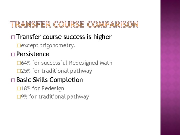 � Transfer �except course success is higher trigonometry. � Persistence � 64% for successful