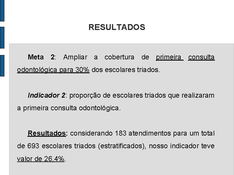 RESULTADOS Meta 2: Ampliar a cobertura de primeira consulta odontológica para 30% dos escolares