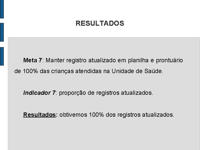 RESULTADOS Meta 7: Manter registro atualizado em planilha e prontuário de 100% das crianças