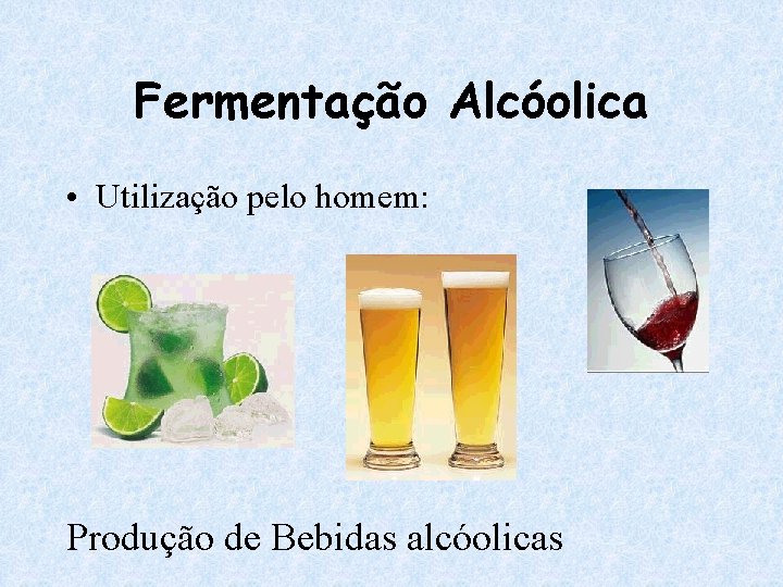 Fermentação Alcóolica • Utilização pelo homem: Produção de Bebidas alcóolicas 