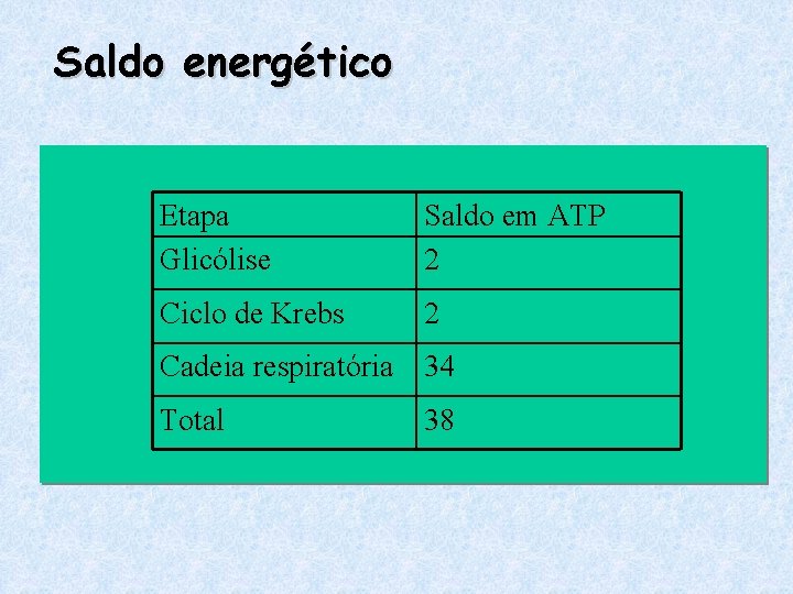 Saldo energético Etapa Glicólise Saldo em ATP 2 Ciclo de Krebs 2 Cadeia respiratória