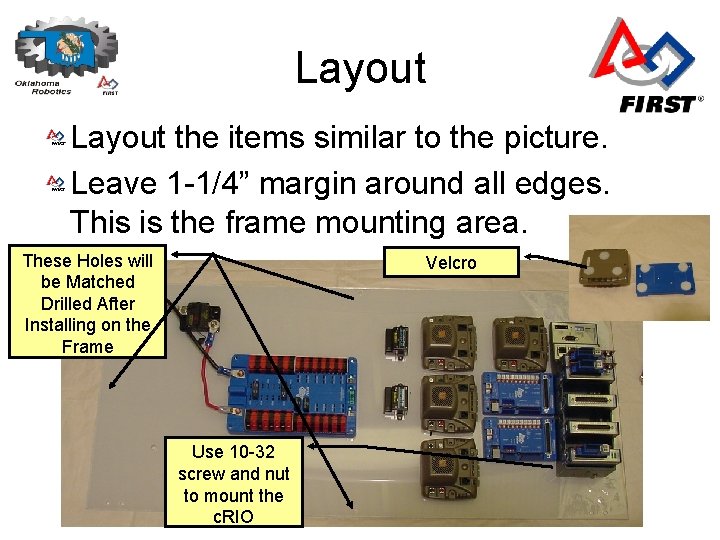 Layout the items similar to the picture. Leave 1 -1/4” margin around all edges.