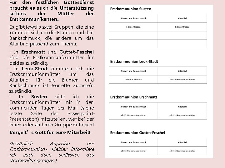 Für den festlichen Gottesdienst braucht es auch die Unterstützung seitens der Mütter der Erstkommunikanten.