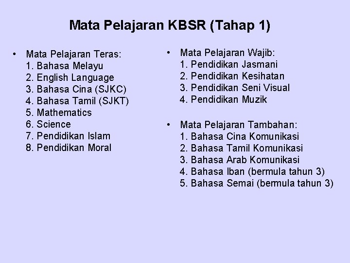 Mata Pelajaran KBSR (Tahap 1) • Mata Pelajaran Teras: 1. Bahasa Melayu 2. English