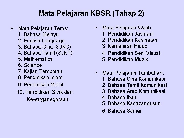 Mata Pelajaran KBSR (Tahap 2) • Mata Pelajaran Teras: 1. Bahasa Melayu 2. English