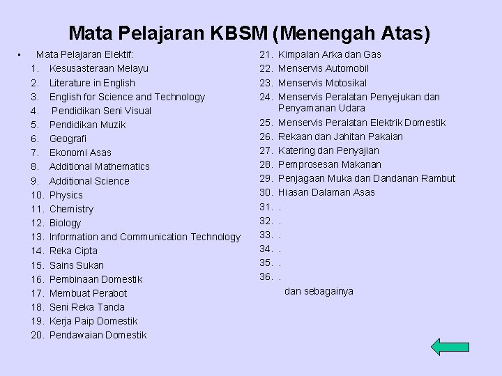 Mata Pelajaran KBSM (Menengah Atas) • Mata Pelajaran Elektif: 1. Kesusasteraan Melayu 2. Literature