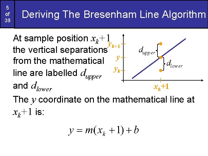5 of 39 Deriving The Bresenham Line Algorithm At sample position xk+1 y k+1 5 of 39 Deriving The Bresenham Line Algorithm At sample position xk+1 y k+1