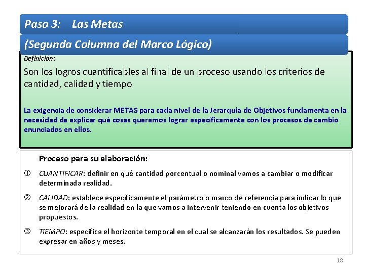 Paso 3: Las Metas (Segunda Columna del Marco Lógico) Definición: Son los logros cuantificables