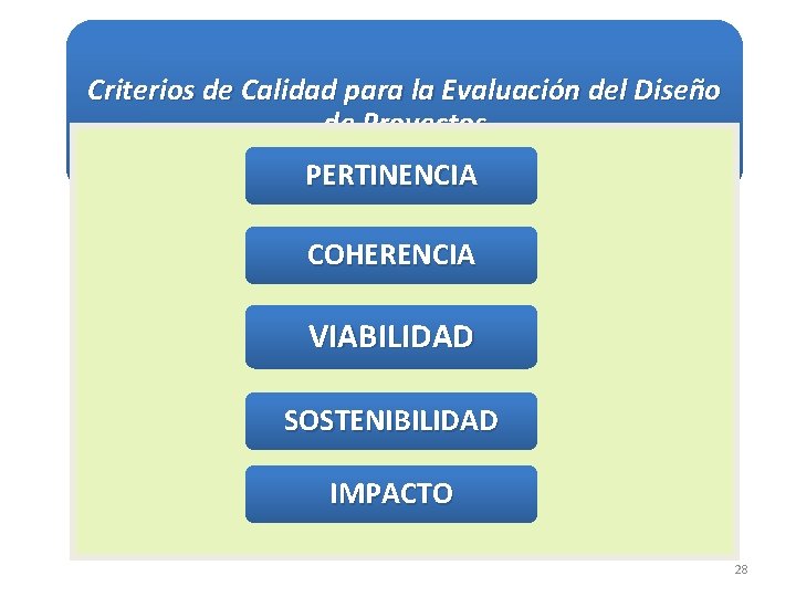 Criterios de Calidad para la Evaluación del Diseño de Proyectos PERTINENCIA COHERENCIA VIABILIDAD SOSTENIBILIDAD