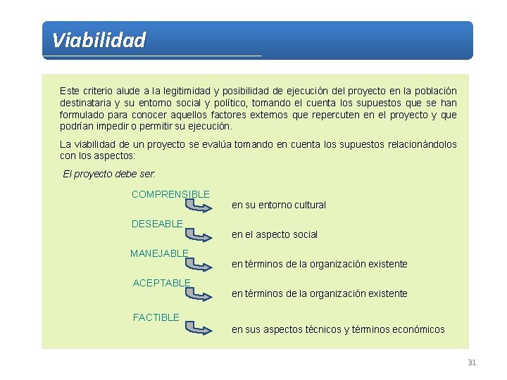 Viabilidad Este criterio alude a la legitimidad y posibilidad de ejecución del proyecto en