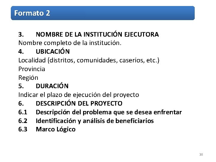 Formato 2 3. NOMBRE DE LA INSTITUCIÓN EJECUTORA Nombre completo de la institución. 4.