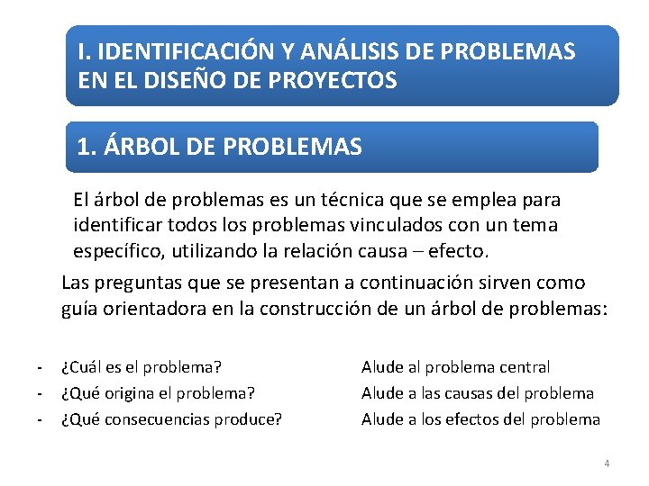 I. IDENTIFICACIÓN Y ANÁLISIS DE PROBLEMAS EN EL DISEÑO DE PROYECTOS 1. ÁRBOL DE