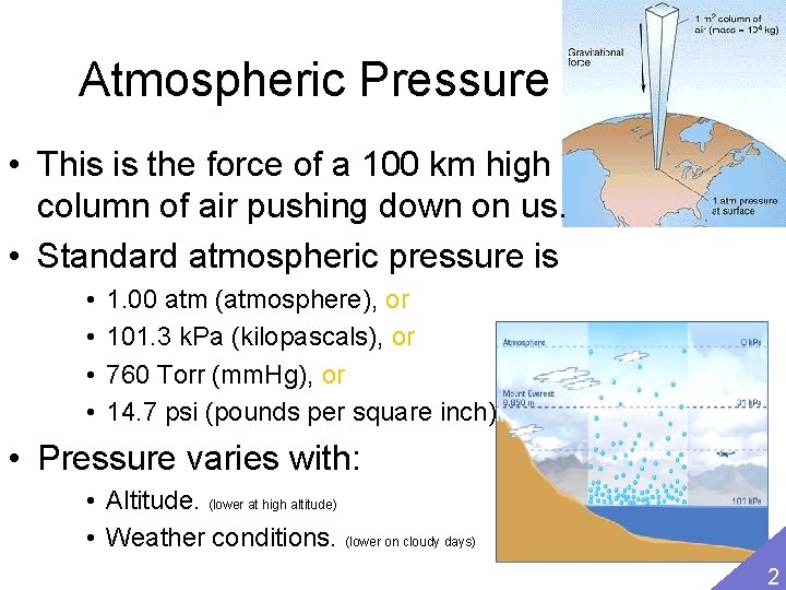 Atmospheric Pressure • This is the force of a 100 km high column of