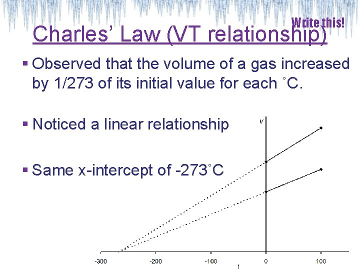 Write this! Charles’ Law (VT relationship) § Observed that the volume of a gas