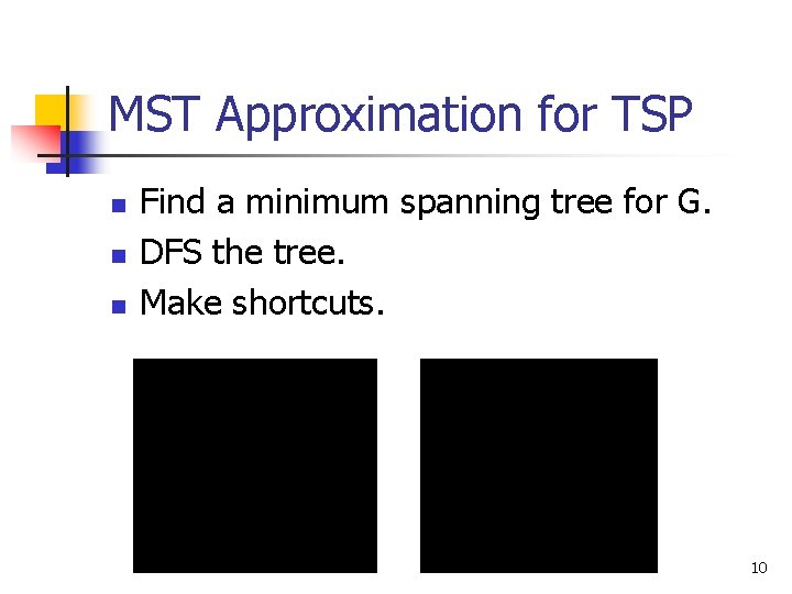 MST Approximation for TSP n n n Find a minimum spanning tree for G.