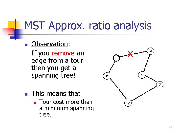 MST Approx. ratio analysis n n Observation: If you remove an edge from a