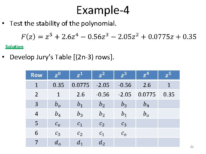 Example-4 • Test the stability of the polynomial. Solution • Develop Jury’s Table [(2