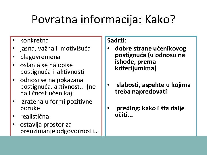 Povratna informacija: Kako? • • konkretna jasna, važna i motivišuća blagovremena oslanja se na