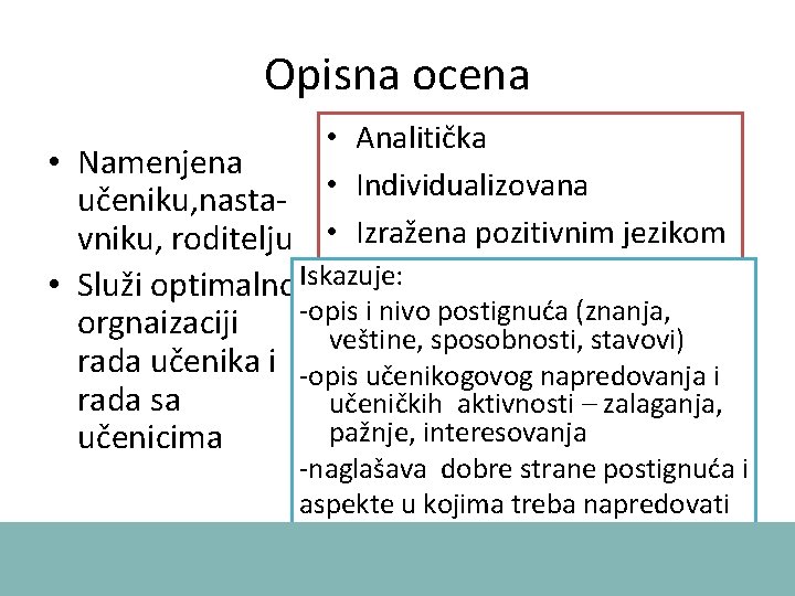 Opisna ocena • Analitička • Namenjena učeniku, nasta- • Individualizovana vniku, roditelju • Izražena