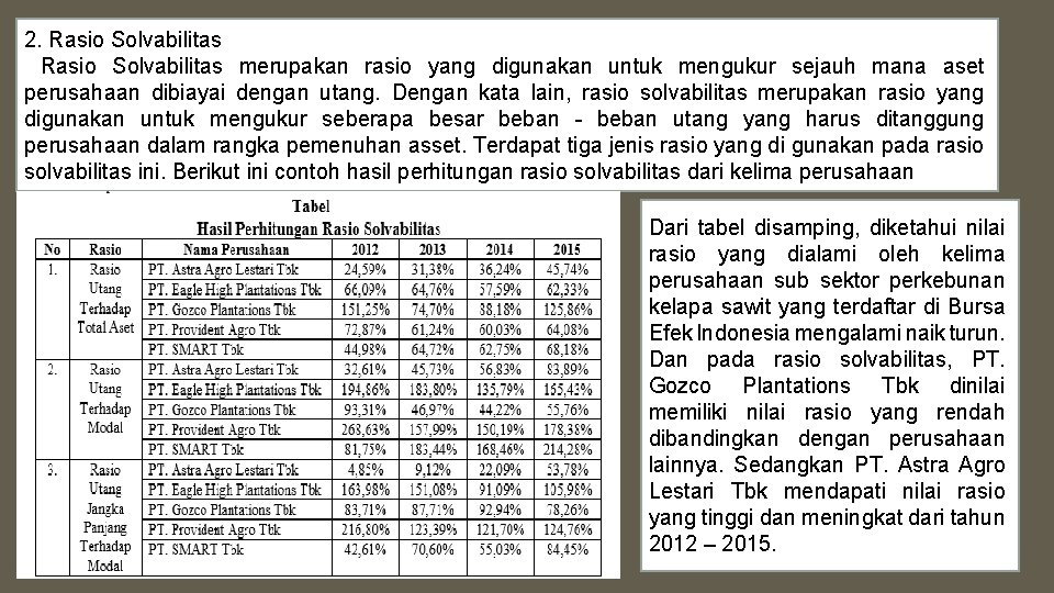 2. Rasio Solvabilitas merupakan rasio yang digunakan untuk mengukur sejauh mana aset perusahaan dibiayai