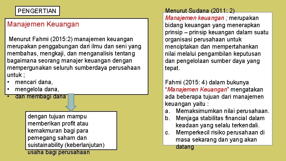 PENGERTIAN Manajemen Keuangan Menurut Fahmi (2015: 2) manajemen keuangan merupakan penggabungan dari ilmu dan