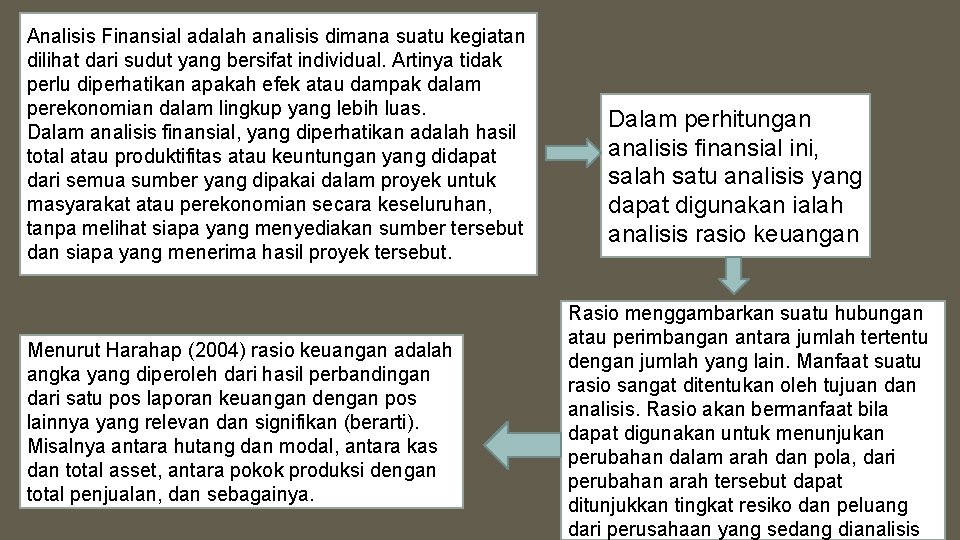 Analisis Finansial adalah analisis dimana suatu kegiatan dilihat dari sudut yang bersifat individual. Artinya