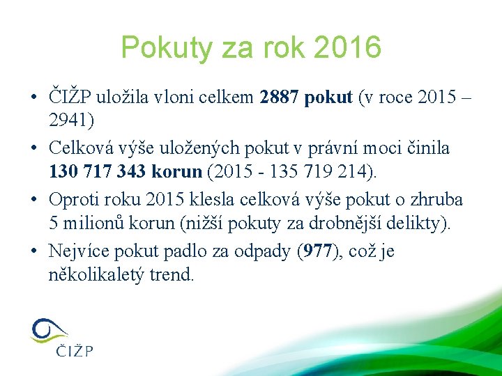 Pokuty za rok 2016 • ČIŽP uložila vloni celkem 2887 pokut (v roce 2015