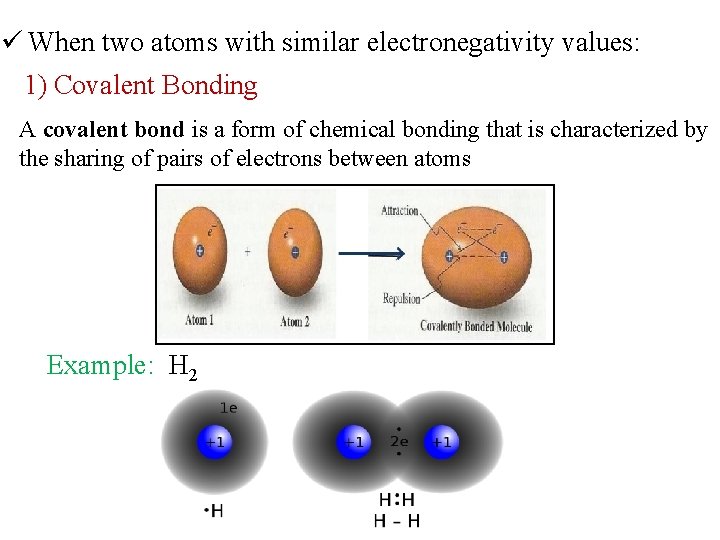 ü When two atoms with similar electronegativity values: 1) Covalent Bonding A covalent bond ü When two atoms with similar electronegativity values: 1) Covalent Bonding A covalent bond