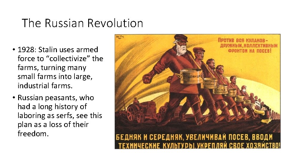 The Russian Revolution • 1928: Stalin uses armed force to “collectivize” the farms, turning