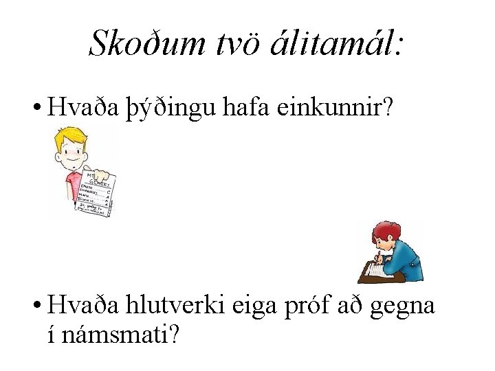 Skoðum tvö álitamál: • Hvaða þýðingu hafa einkunnir? • Hvaða hlutverki eiga próf að