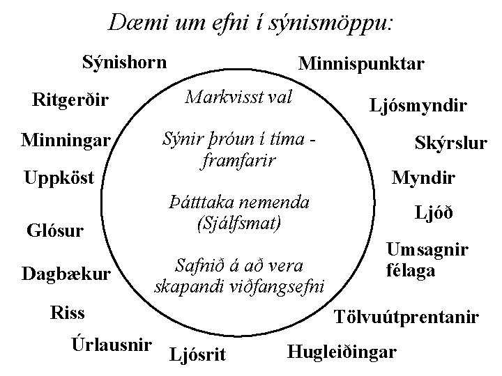 Dæmi um efni í sýnismöppu: Sýnishorn Minnispunktar Ritgerðir Markvisst val Minningar Sýnir þróun í