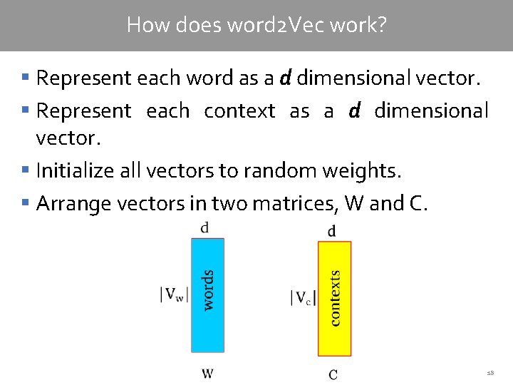 How does word 2 Vec work? § Represent each word as a d dimensional