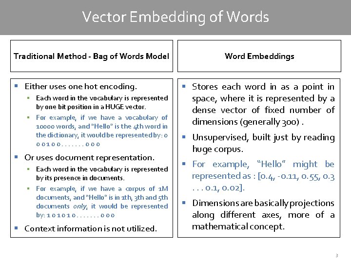 Vector Embedding of Words Traditional Method - Bag of Words Model § Either uses