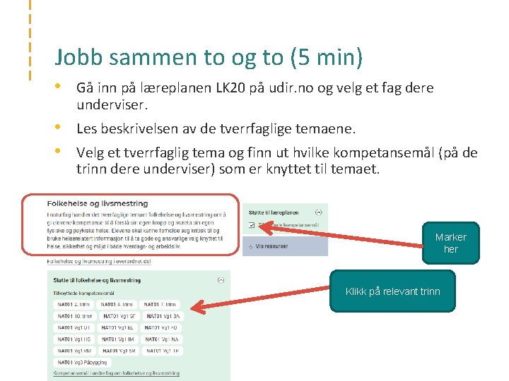 Jobb sammen to og to (5 min) • Gå inn på læreplanen LK 20