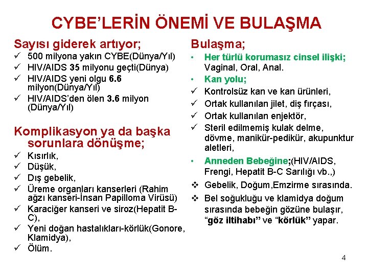 CYBE’LERİN ÖNEMİ VE BULAŞMA Sayısı giderek artıyor; Bulaşma; ü 500 milyona yakın CYBE(Dünya/Yıl) ü