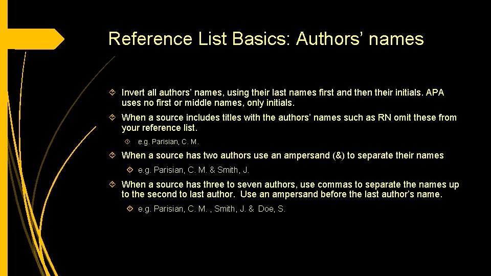 Reference List Basics: Authors’ names Invert all authors’ names, using their last names first