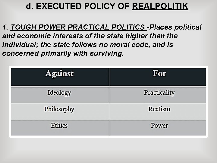 d. EXECUTED POLICY OF REALPOLITIK 1. TOUGH POWER PRACTICAL POLITICS -Places political and economic