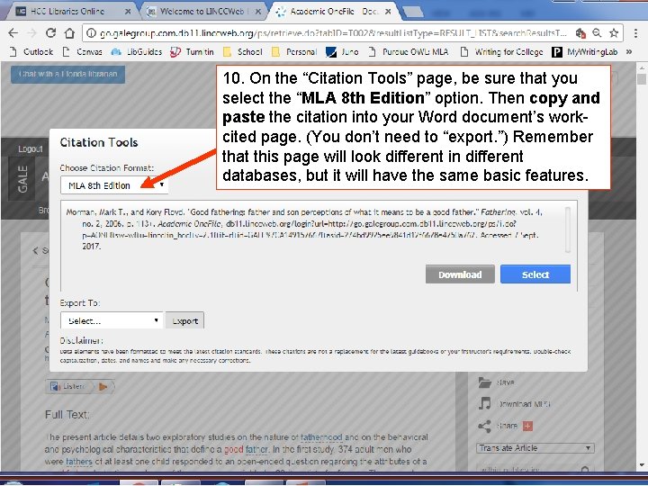 10. On the “Citation Tools” page, be sure that you select the “MLA 8