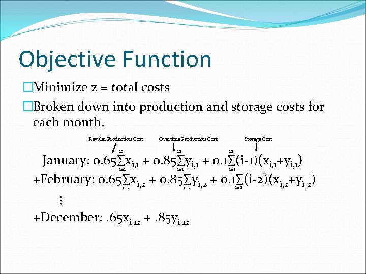 Objective Function �Minimize z = total costs �Broken down into production and storage costs