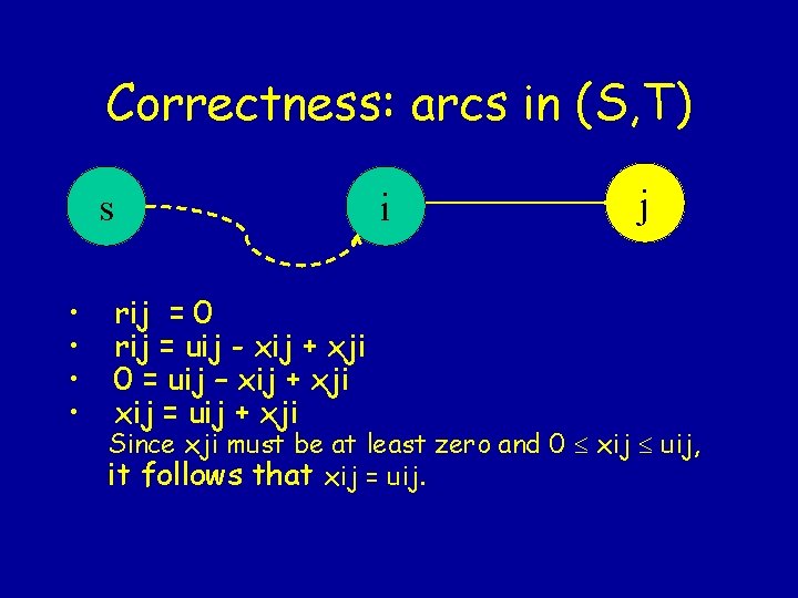 Correctness: arcs in (S, T) s • • i rij = 0 rij =