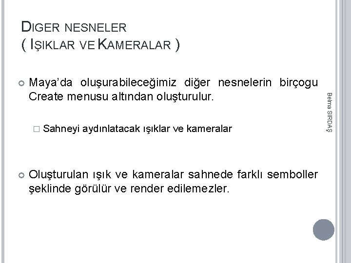 DIGER NESNELER ( IŞIKLAR VE KAMERALAR ) � Sahneyi aydınlatacak ışıklar ve kameralar Oluşturulan