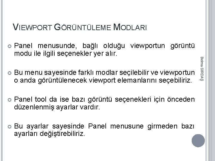 VIEWPORT GÖRÜNTÜLEME MODLARI Panel menusunde, bağlı olduğu viewportun görüntü modu ile ilgili seçenekler yer