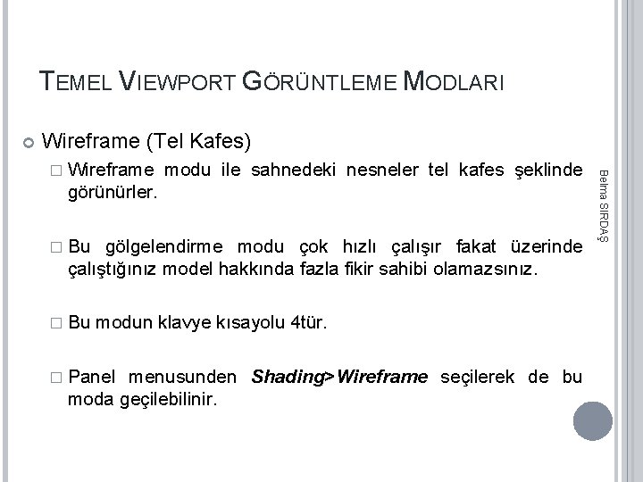 TEMEL VIEWPORT GÖRÜNTLEME MODLARI Wireframe (Tel Kafes) modu ile sahnedeki nesneler tel kafes şeklinde