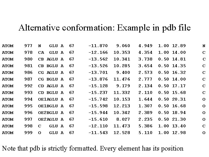 Alternative conformation: Example in pdb file ATOM ATOM ATOM ATOM 977 978 980 981