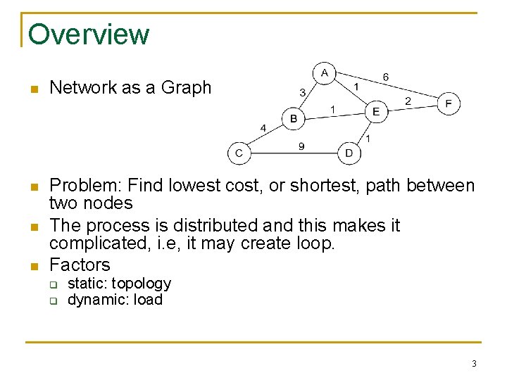 Overview n Network as a Graph n Problem: Find lowest cost, or shortest, path
