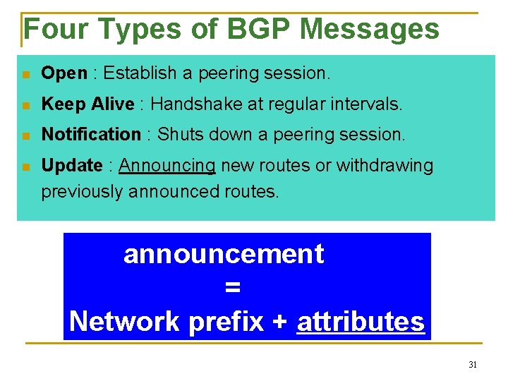 Four Types of BGP Messages n Open : Establish a peering session. n Keep