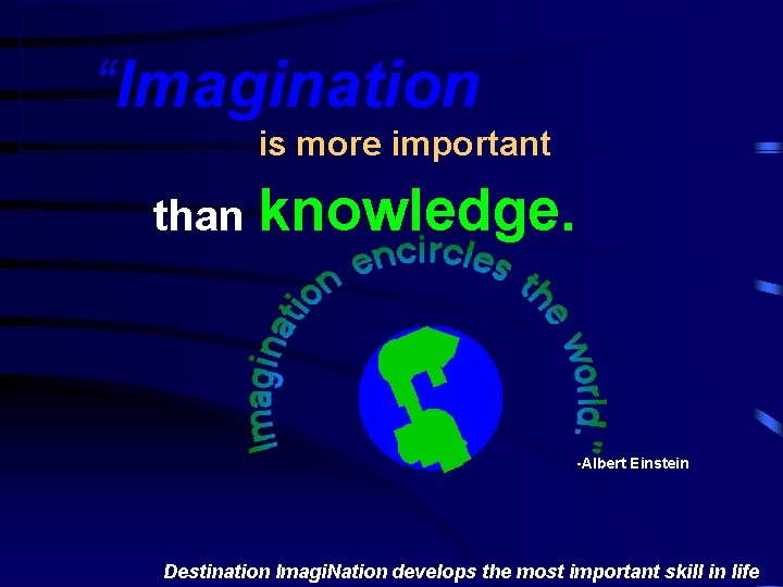 “Imagination is more important than knowledge. Knowledge is limited. -Albert Einstein Destination Imagi. Nation
