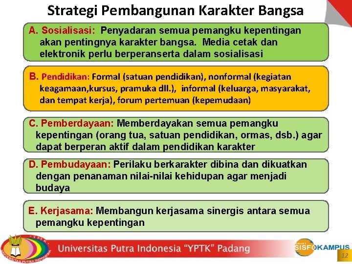 Strategi Pembangunan Karakter Bangsa A. Sosialisasi: Penyadaran semua pemangku kepentingan akan pentingnya karakter bangsa.