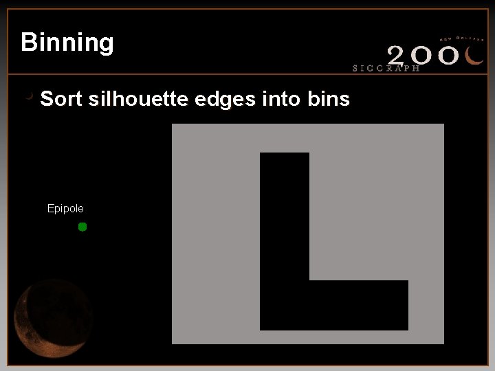 Binning • Sort silhouette edges into bins Epipole 